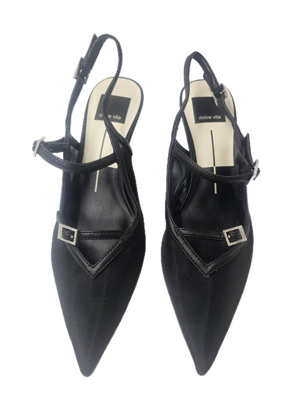 Dolce Vita Kishan Black Mesh Pointed Toe Rhinestone Buckle Slingback Heels 6.5 N